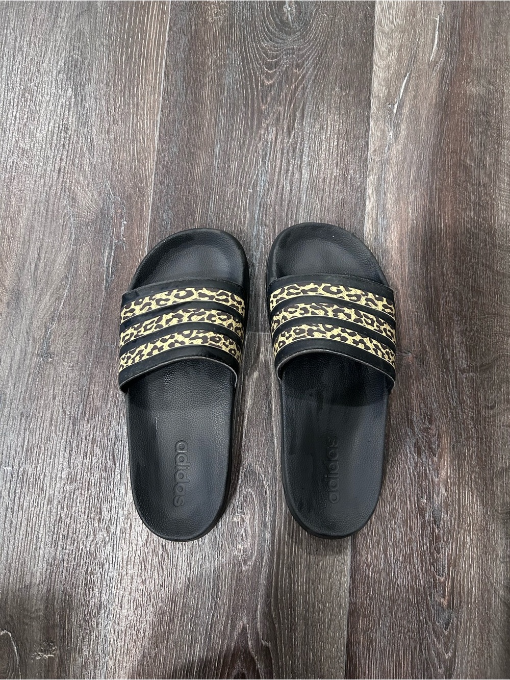 adidas Women’s Black Slide Sandals with Leopard-Print Straps